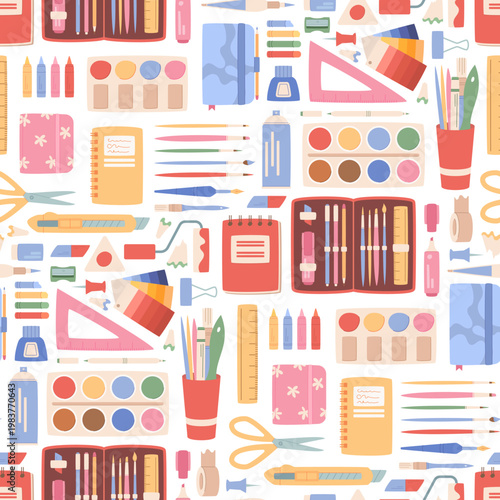 Artist supplies seamless pattern with color pencils, crayons and watercolor tools on white. Flat cartoon art equipment repeat as school craft kit and creative workshop stationery texture.