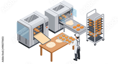 Modern Bakery Production Line with Automated Machines and Baker.