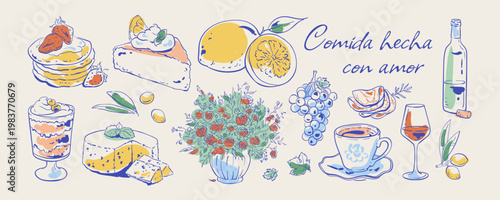 Coquette mediterranean breakfast in ink line style set. Cute brunch food as gourmet pancakes, cake and cheese with yellow and blue detail. Whimsical breakfast icon set suits cafe menu, bakery card or