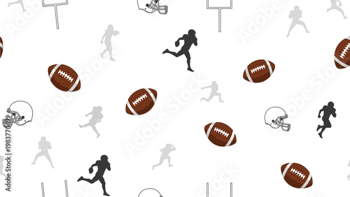 Seamless pattern of American football players and balls in various poses on a white background with a mix of black and gray silhouettes.