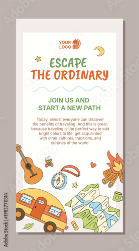 Vertical camping poster in colorful sketch style with camp map, car, guitar and campfire as adventure doodle elements. Background with compass and travel idea suits poster for summer camp holiday