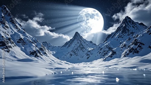 Dramatic Full Moon Illuminating Snowy Mountain Peaks Under Starry Night Sky With Light Rays Over Frozen Landscape