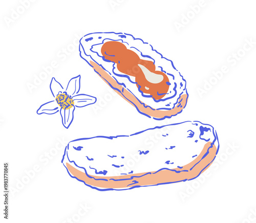 Cute coquette french toast sketch. Hand drawn breakfast bread with butter and jam as simple doodle icon. Blue and yellow color detail as dessert motif for cafe menu or whimsical bakery print