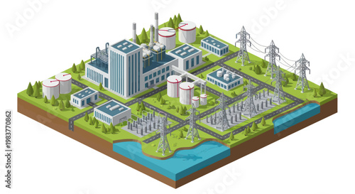 Modern Industrial Power Plant Complex with Energy Infrastructure.