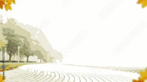 Autumnal city street with tree-lined sidewalk and yellow leaves on a bright background with a shallow depth of field.