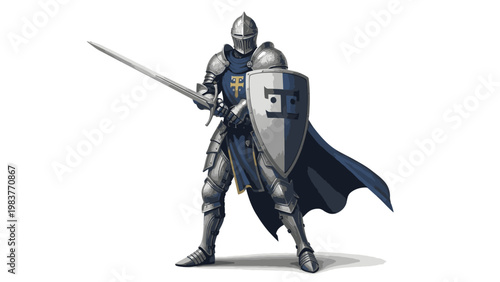 Illustration of a medieval knight in armor holding a sword and shield on a white background with a heroic mood.