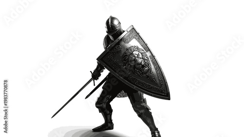 A medieval knight in armor holding a shield and sword in a defensive stance on a white background with a dark and dramatic mood.