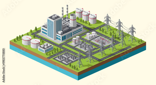 Modern Industrial Power Plant Complex with High Voltage Transmission Lines.