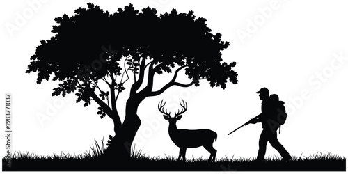 Hunter and deer silhouette illustration, outdoor wildlife artwork, nature hunting vector, forest scene composition, rural lifestyle character illustration