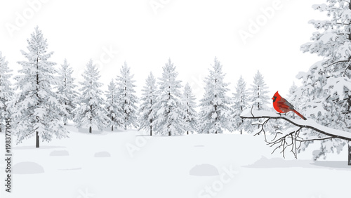 A vibrant red cardinal perched on a snow-covered tree branch in a serene winter landscape with coniferous trees and a blanket of snow under a bright white sky.