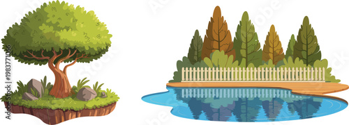 Obraz na plátně Colorful nature landscapes with tree island and lakeside autumn scenery illustra