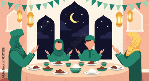 Muslim family praying before Iftar meal during Ramadan.