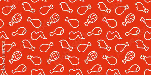 Chicken drumsticks and wings seamless pattern in doodle outline style. Repeating vector