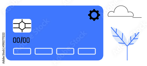 Digital payments, eco-friendly transactions, cloud computing, technology integration, fintech services, secure finance. Blue card with chip and icons. Digital payments and eco-friendly transactions