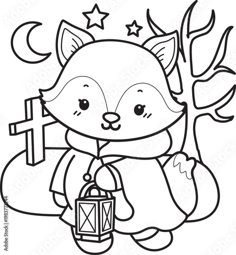 Coloring pages of Cute set of Fox sticker with activity. Outline of Fox with halloween theme