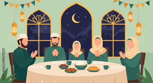 Muslim family praying together during Ramadan Iftar.