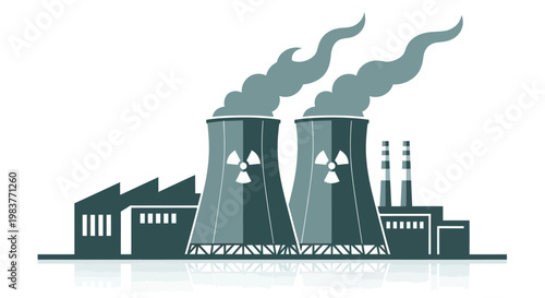 Nuclear Power Plant with Cooling Towers and Radiation Symbol.