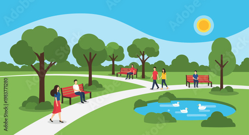 People enjoying a leisurely day in a vibrant green park.