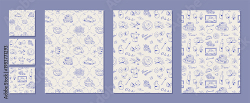 Coquette mediterranean brunch pattern in blue line seamless set. Hand drawn cafe breakfast food doodle as seamless set. Cute italian and french meal background for vintage bakery menu and cozy