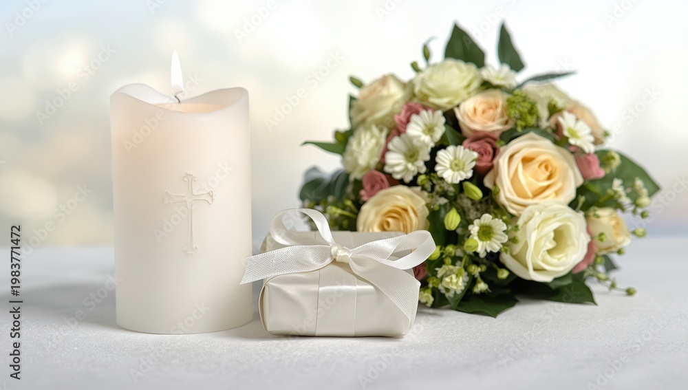 Obraz premium Candle, gift, and flowers for first communion or confirmation.