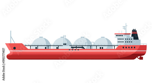 Red cargo ship with four spherical tanks on deck.