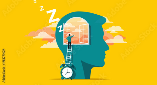 Person on ladder opening window in giant head with alarm clock.