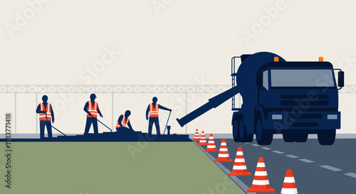 Road construction crew working on asphalt paving with heavy machinery.