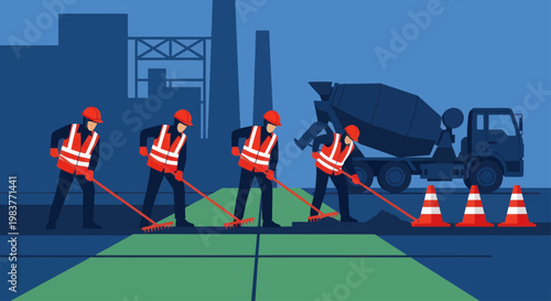 Road construction workers paving new asphalt with tools.