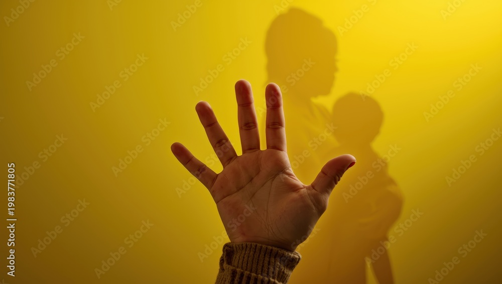 Obraz premium Child's hand against a solid yellow backdrop - support for Ukrainian refugees.
