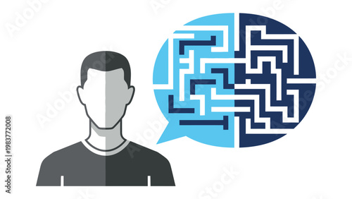 Complexity of Thought: A conceptual depiction of a person, paired with a thought bubble filled with an intricate maze, embodying the multifaceted nature of human cognition.