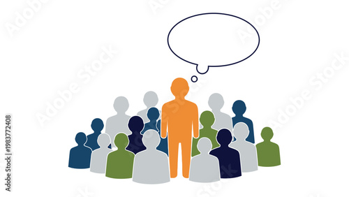 Thought Leadership Concept: Depicting a figure standing out from the crowd with a speech bubble, this image represents innovation, ideas, and communication in a business environment.