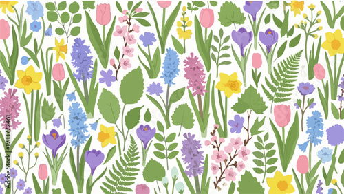 Colorful spring flowers blooming in a vibrant garden scene.