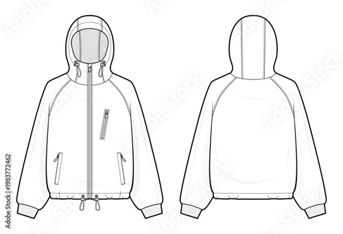 Oversized Utility Zip-Up Hoodie technical fashion illustration. multi pocket hoodie vector template. raglan sleeve jacket. zip pockets. drawcord hem. unisex streetwear. white color. CAD Mockup  