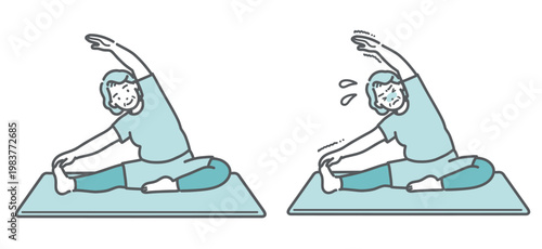 笑顔で体側ストレッチをするぽっちゃりシニア女性と、辛そうにストレッチをするぽっちゃりシニア女性の比較イラスト