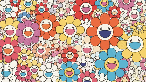 Colorful smiling flower field art design background pattern.