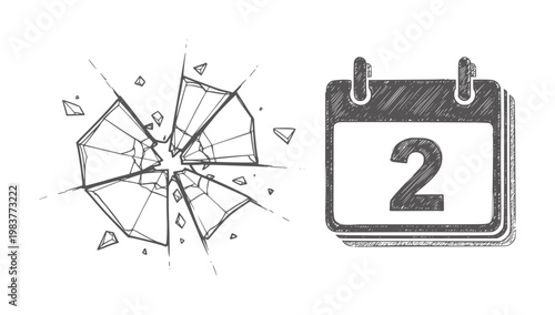 Black and white of shattered crystal with calendar showing second day