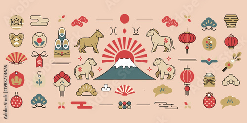 A colorful illustration showcases various japanese cultural elements including animals traditional objects and iconic mount fuji high quality professional detailed modern elegant stylish