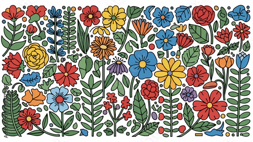 Colorful floral arrangement featuring various flower types and green leaves.