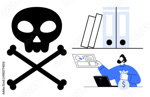 Cybersecurity, fraud prevention, data theft, financial crimes, digital safety, internet threats. Skull and crossbones next to a person holding stolen money and a computer. Cybersecurity and fraud