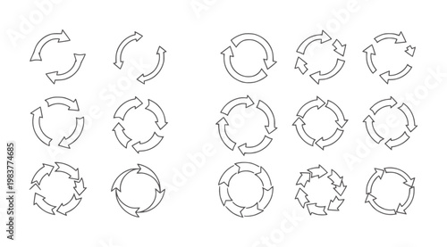 Monochrome circular arrow patterns with varying segments and directions arrows rotation