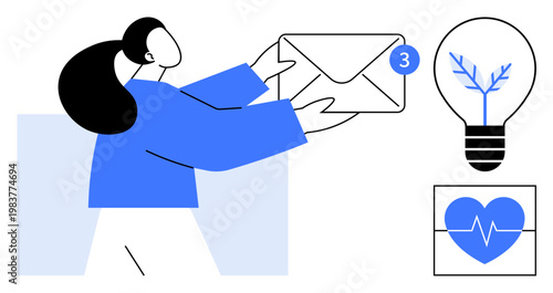 Communication, innovation, health awareness, digital messages, creative solutions, connectivity. A person holding an envelope, a lightbulb with branches heart with heartbeat line. Communication