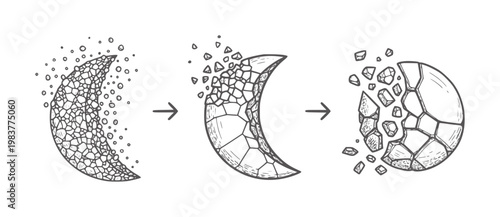 Progressive disintegration of a polygonal crescent moon structure