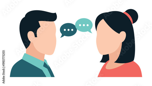 Dialogue between them: An illustration of a man and a woman in the middle of a conversation, with speech bubbles hovering above their heads, filled with dots, representing their words.