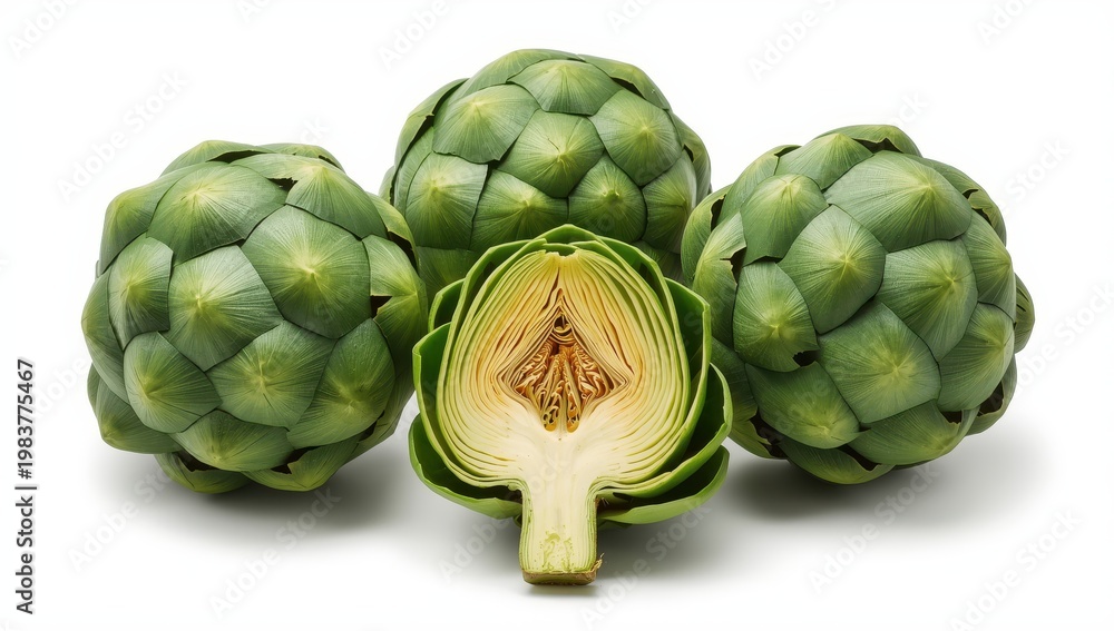 Fototapeta premium Fresh artichokes and hearts on white backdrop.