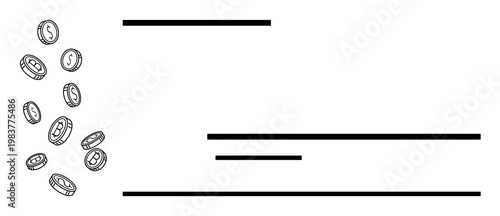 Financial investment, banking growth, currency transactions, economic concepts, business branding, wealth accumulation. Coins falling beside minimal horizontal bars. Financial investment and banking