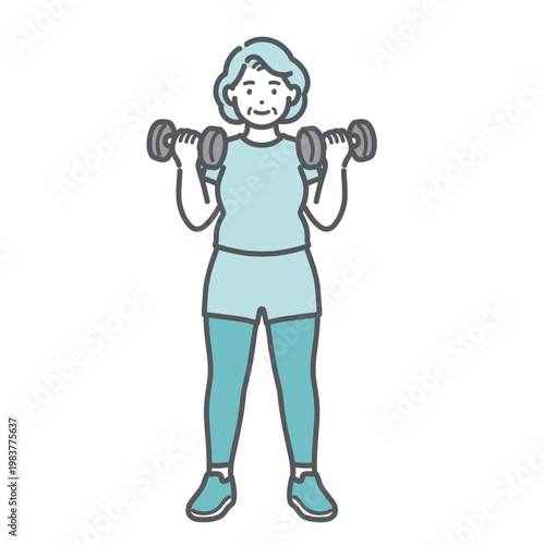 両手にダンベルを持ち笑顔で筋力トレーニングをしているぽっちゃり体型のシニア女性のイラスト