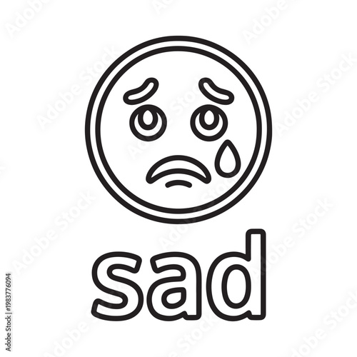 Simple line drawing of a sad face with tears accompanied by text