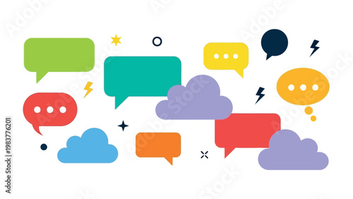 Colorful Dialogues: A collection of vibrant speech bubbles float across the frame, each a unique color, shape, and size, symbolizing a multitude of conversations.