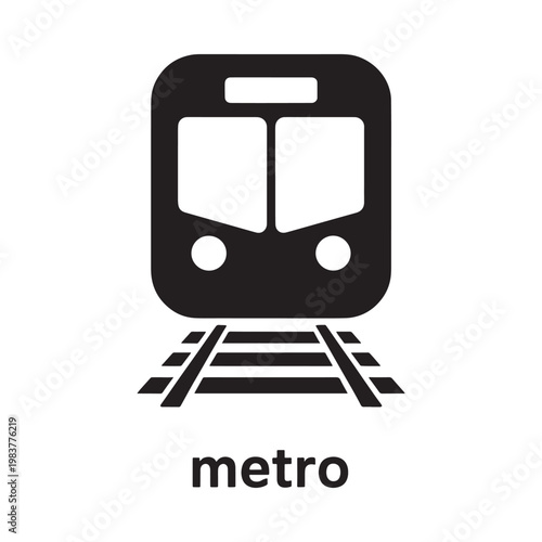 Simple black and white illustration of a subway train on tracks