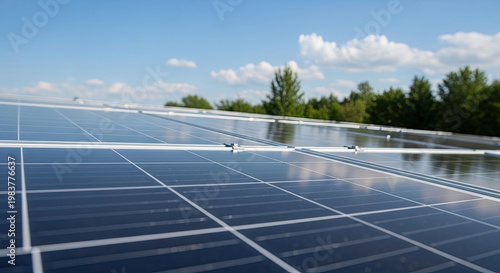 Close-up photovoltaic solar panel array reflecting blue sky and clouds for renewable energy generation and sustainable power